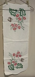 VTG Hand EmbroiderY Cottage Floral Table Runner Dresser Scarf 34X12.5" BUTTERFLY - Picture 1 of 4