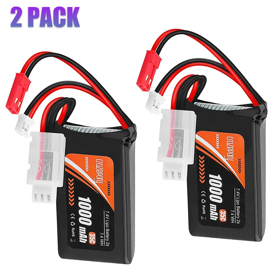 2 Piezas 7.4V 1000mAh Batería Lipo 2S 35C con Enchufe JST para Coches de RC Wltoys 1/10 1/24 Foto 1 de 4