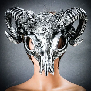Silver Ram Horns Headpiece Floral Steampunk Gothic Masquerade Animal Party Mask - Picture 1 of 9