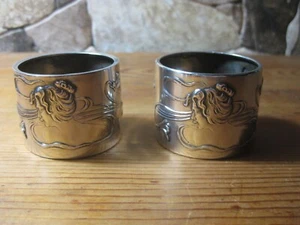 ANTIQUE PAIR ART NOUVEAU WOMEN JUGENSTIL MARKED STERLING SILVER NAPKIN RING 1900 - Picture 1 of 4