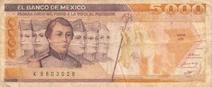 Mexico  5000  Pesos  24.2.1987  Series  JG  Prefix  K  Circulated Banknote AA81 - Picture 1 of 2