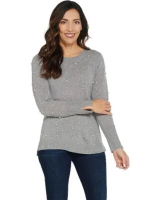 Suéter Isaac Mizrahi Gris 2 Capas Cachemira Imitación Perla Cuello Redondo Nuevo Foto 1 de 4