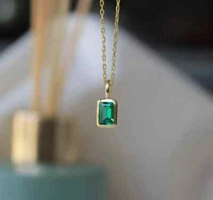1.50CT Emerald Lab Created Emerald Diamond Women Pendant 14K Yellow Gold Plated - Picture 1 of 11