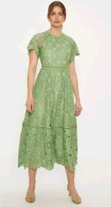 OASIS Floral Lace Cap Sleeve Midi Dress Size 14 Petite Apple Green Shade BNWT - Picture 1 of 9