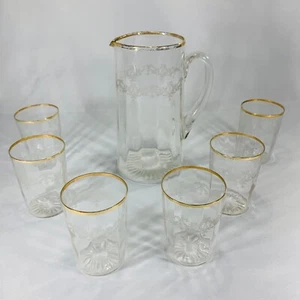 Clear Glass Pitcher with gold rim and Wreath bow pattern 6 Cups - Picture 1 of 5