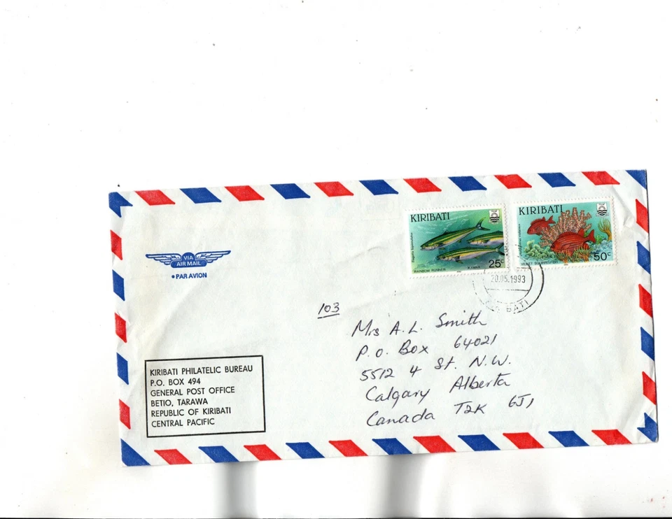 Kiribati 1993 Sc#545,549  to Canada  - Fish - Image 1 of 1