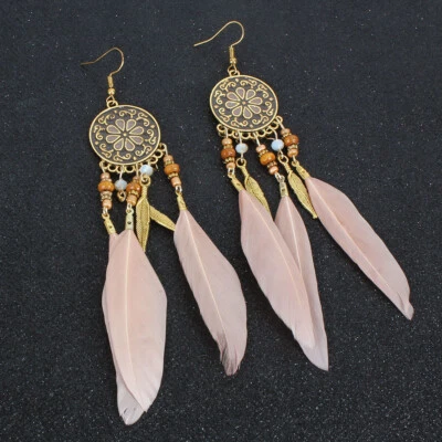 Pink Enamel Floral Medallion Chandelier Earrings w Pink Feathers & Beading - Image 1 of 3