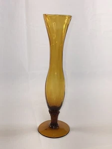 Hand Blown Art Glass Amber Wavy Pattern Bud Vase On Applied Pedestal Base 8”Tall - Picture 1 of 8