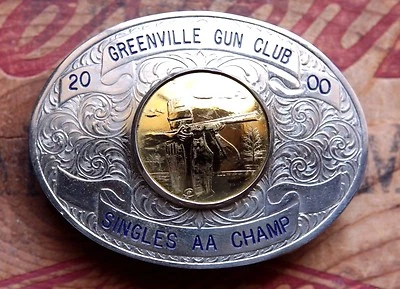 Vintage Hand Made Gun Club Singles AA Champion 2000 Western Trophy Belt Buckle - Image 1 of 3