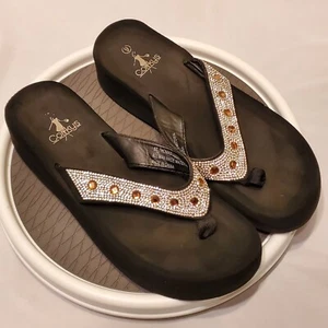 Corky's Wedge Sandals Thong Black Bling Womens Size 9 - Picture 1 of 19