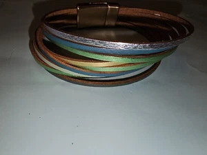 Multi-color 7 Leather Braided Straps Bracelet Stainless Steel Magnetic Closure - Picture 1 of 7