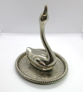 Vintage *Porta anello cigno con vassoio attaccato* placcato argento 4" x 3 1/4" - Foto 1 di 5
