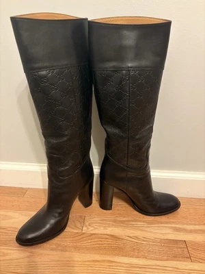 GUCCI Black Leather Monogram Boots 37.5 C Good Condition 100% Automatic !  - Image 1 of 4