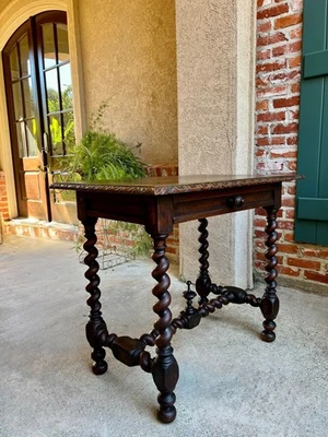 Antique English Console Table Writing Desk Jacobean Barley Twist Carved Oak - Image 1 of 4