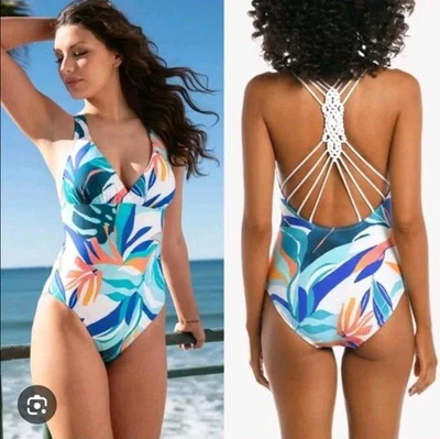La Blanca Multi Strap Crossback Swimsuit Ice Blue Coastal Palms Sz 10 One Piece  - Image 1 of 4