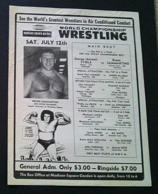 WWWF Wrestling Flyer (12 de julho de 1975 MSG, NYC) Bruno vs Steele + Valiants, Andre! - Imagem 1 de 2