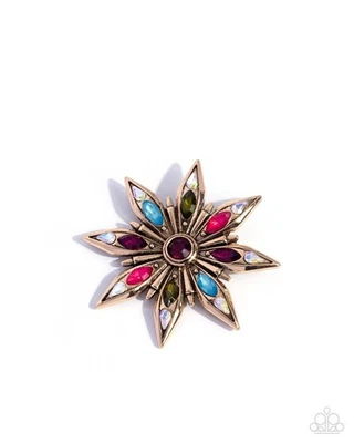 Paparazzi Slow Shimmer - Multi -  UV Gems - Antiqued Gold 3D Flower - Brooch - Image 1 of 3