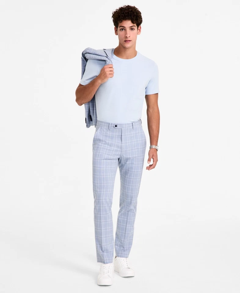 Pantalones de vestir Alfani para hombre ajustados 34/32 azul claro a cuadros Foto 1 de 1