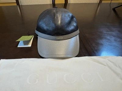 Nueva Auténtica Gorra de Béisbol de Cuero con Logotipo Gucci Negra Gris Talla M Foto 1 de 4