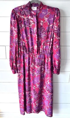 Vestido R&K Originals Fusia Rosa Brillante Floral Manga Larga MIDI Cuello Alto Años 90 De Colección Foto 1 de 4