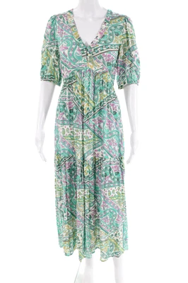 Ba&Sh Womens Short Sleeve V Neck Floral Midi Dress Teal White Purple Size 2 - Image 1 of 4