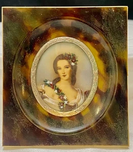 VTG FRENCH MINIATURE PAINTING WOMAN PORTRAIT, CAREY/BAKELITE FRAME, SIGNED vg - Picture 1 of 5