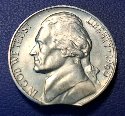 1960 P Jefferson Nickel Error - Clipped Planchet Error - High Grade - Image 1 of 3