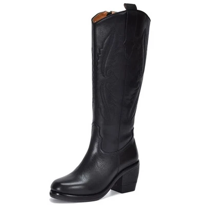 Women Genuine Leather Riding Boots Knee High Heel Round Toe Oxfords Side Zip New - Image 1 of 4