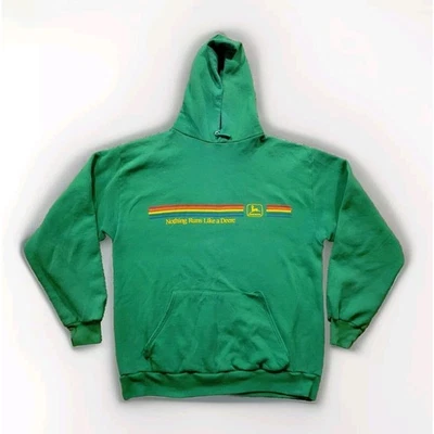Vintage 80s John Deere Rainbow Stripe Logo Hoodie Pullover Size XL USA Made - Image 1 of 4
