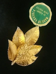 Brooch Austria 24kt Gold Plated Vienna Wood Real Leaves Bud 2.5" NOS Vintage - Picture 1 of 4