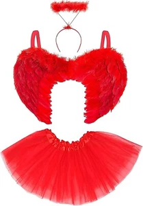Red Angel Wings Halo & Skirt Devil Angel Adult Costume Halloween Fancy Dress Set - Picture 1 of 1