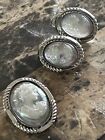 Vintage Estate Silver Mother Of Pearl Cameo Set Brooch And Clip-Om Earrings