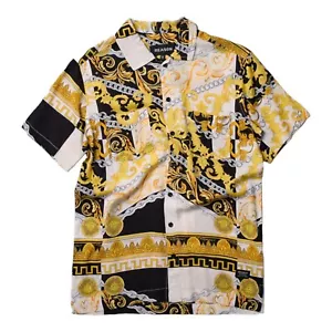 Medusa Gold Chain Short Sleeve Woven Button Down Shirt Men's Size Medium - Picture 1 of 4