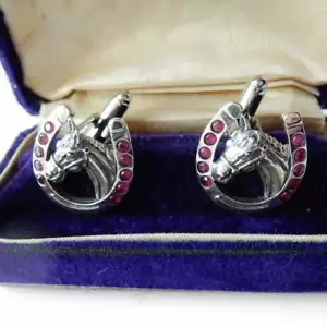 Round Cut Pink Ruby Lucky Horse Shoe Sterling 925 Silver Men's Cufflinks - Picture 1 of 6