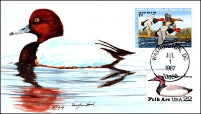 Scott RW54 $10.00 Red Heads - Vaughn Hord Hand Painted Duck FDC - 5/77 - Image 1 of 2