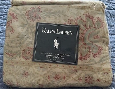RARE  NEW R. Lauren AMELIA FLORAL TAN Venice Beach COTTON QUEEN FLAT Sheet IOP - Image 1 of 4