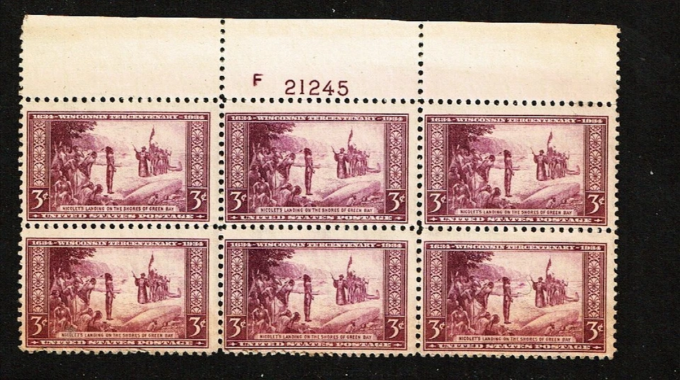 1934 U.S. Commem 3c WISCONSIN TERCENT Plt#Blk of 6 Sc#739  M/H/OG SCARCE! - Image 1 of 1