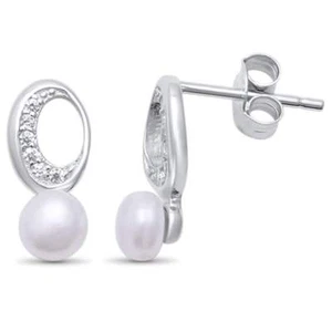 Modern! Circle Pearl & Cubic Zirconia .925 Sterling Silver Earrings - Picture 1 of 2