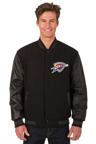 NBA Oklahoma City Thunder Wool Leather Reversible Jacket Front Patch Logos Black Cover