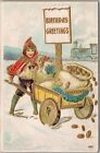 Vintage 1910s BIRTHDAY GREETINGS Embossed Postcard Cart w/ Bags of Gold Coins