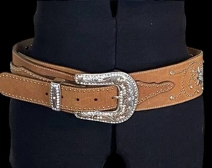 Nocona Genuine Leather Rhinestone Studded Bling Western Wide Brown Concho Belt M - Picture 1 of 15