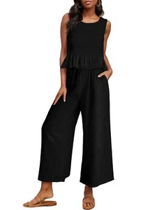 Womens Summer 2 Piece Outfits Linen Crop Tank Tops Long Track Pants Tracksuits - Picture 1 of 13