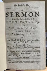1709 Offspring Blackall 'The Subject's Duty, A Sermon' St Dunstan In The West. - Bild 1 von 1