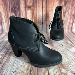 Clarks BERGEN Size 8.5 Black Leather Lace Up Block Heel Ankle Boot Bootie Shoes - Picture 1 of 9