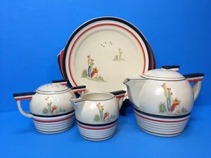 VTG Art Deco Mexico Motif Teapot, Sugar, Creamer & Serving Plate ~ Made in Japan - Picture 1 of 21