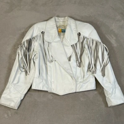 Chaqueta de Cuero GIII De Colección Talla Pequeña Abrigo con Flecos de Cuero Blanco Western Conchos Foto 1 de 4