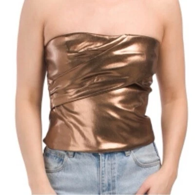 Top sin tirantes de tela de imitación de cuero dorado de Zara. Talla S. ¡NUEVO CON ETIQUETAS! Foto 1 de 4