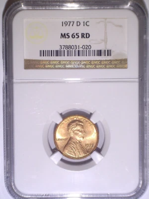 1977-D NGC MS65RD Lincoln Memorial One Cent - 1C - US - Red - Penny - Image 1 of 2