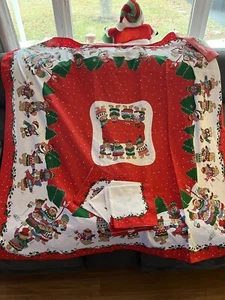 Vintage Christmas Carolers Tablecloth And 8 Napkin Set - 54”x54” - Picture 1 of 6