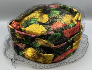 Colorful Autumn Flowers Multicolor Women's Hat 22" W/ Black Netting VTG - Picture 1 of 4
